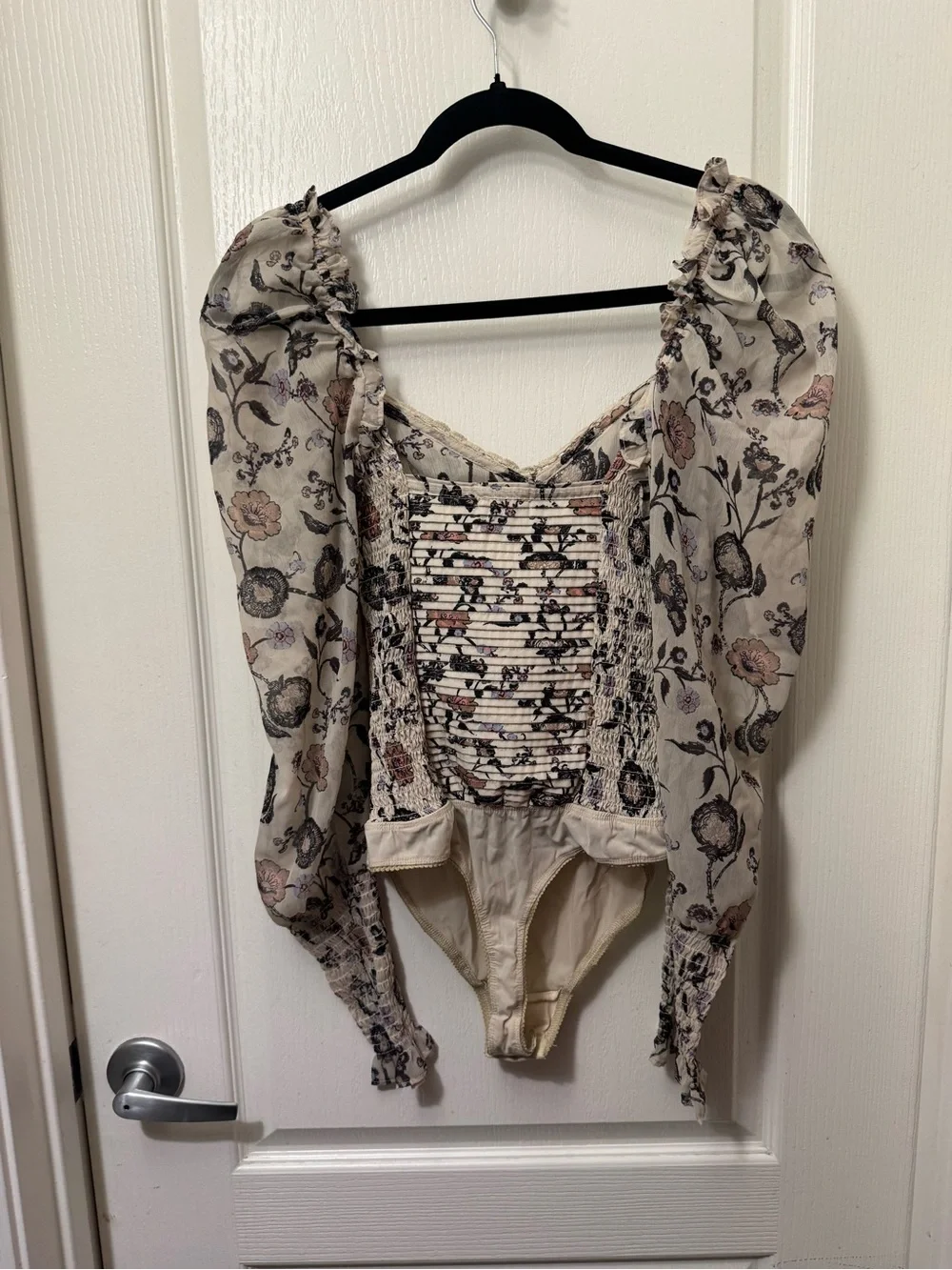 Free People Cream Floral Square-Neck Ruched Long Sleeve Top